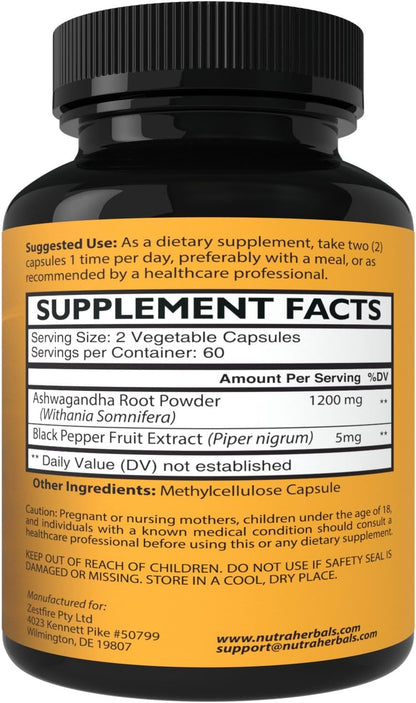 Ashwagandha Supplement Made with Premium Ashwaganda Root Powder 1200mg with Black Pepper Extract for Increased Absorption - 120 Vegi Capsules Nirvana Guru