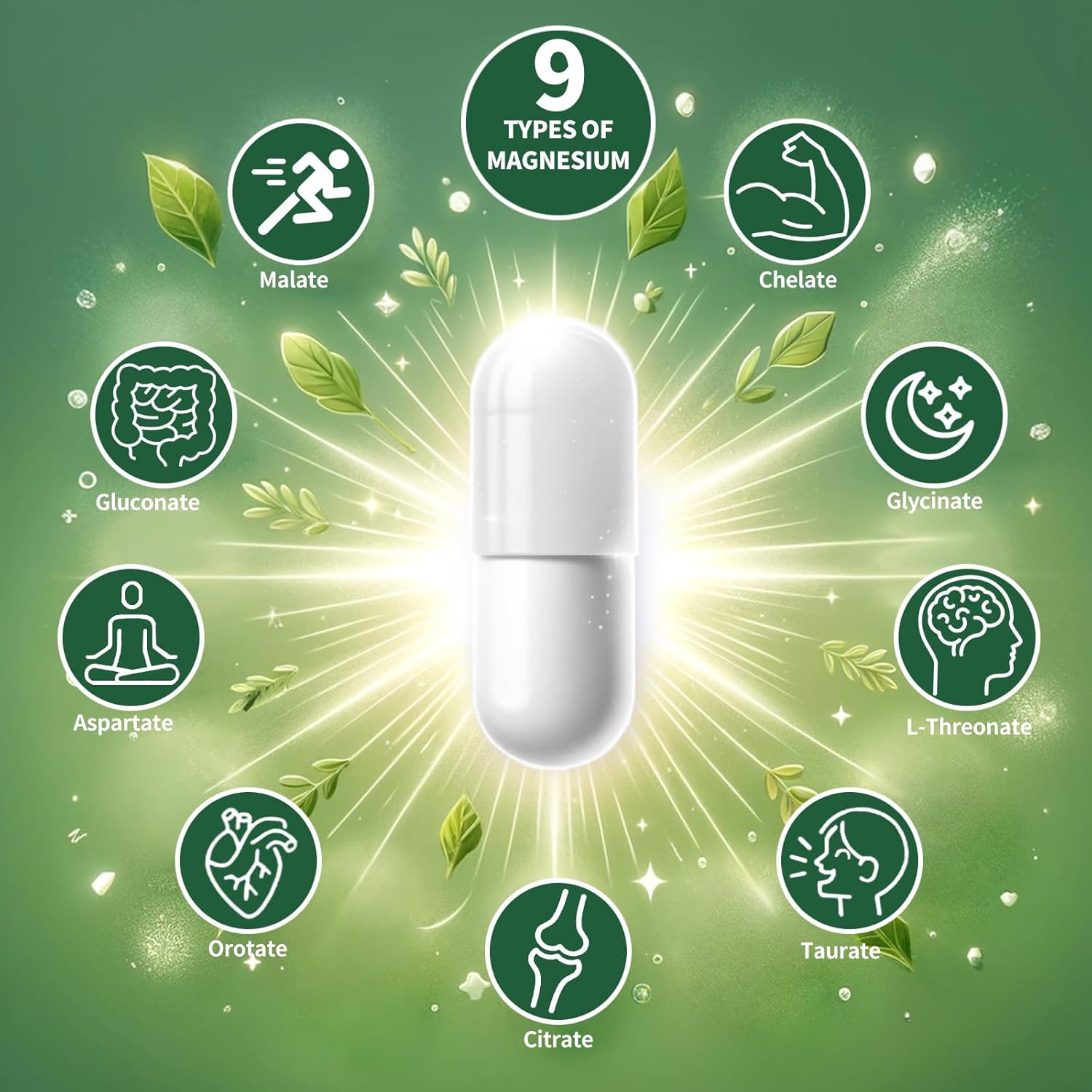Magnesium Supplement with 9 Forms of High Absorption Magnesium Glycinate, L-threonate, Citrate, Malate and More for Muscle, Brain Support, Non-GMO, Gluten & Soy Free, 60 Capsules Nirvana Guru