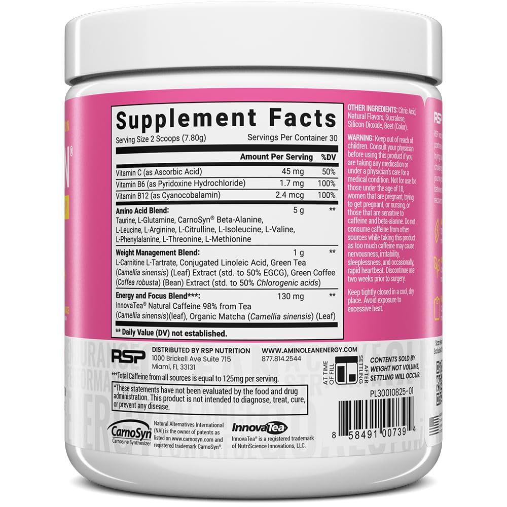 RSP NUTRITION AminoLean Pre Workout Powder, Amino Energy & Weight Management with Vegan BCAA Amino Acids, Natural Caffeine, Preworkout Boost for Men & Women, 30 Serv, Pink Lemonade… Nirvana Guru