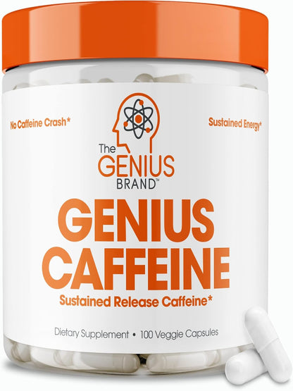 Genius Caffeine - Sustained-Release Microencapsulated Caffeine Pills for Smooth, Long-Lasting Energy & Focus - No Jitters or Crash - 100mg per Capsule - 100 Servings - Natural Performance Booster