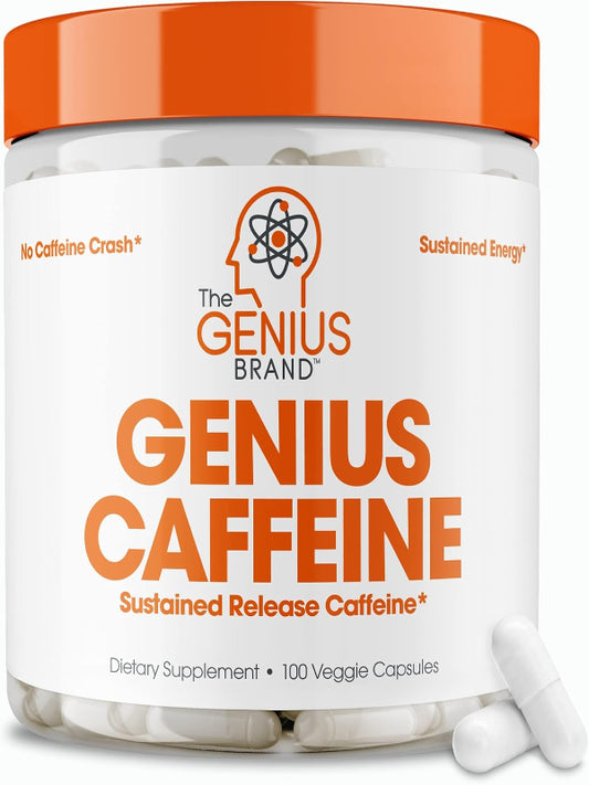 Genius Caffeine - Sustained-Release Microencapsulated Caffeine Pills for Smooth, Long-Lasting Energy & Focus - No Jitters or Crash - 100mg per Capsule - 100 Servings - Natural Performance Booster