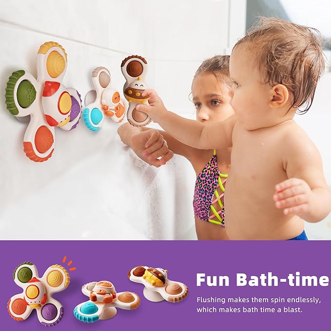 LiKee Strong Suction Cup Fidget Rotating Sensory Bath Toys for Baby 12 18 Months Airplane Car Travel Table & Window Toys for 1 2 Years Old Toddler Boys and Girls (Space-2) nirvanaguru