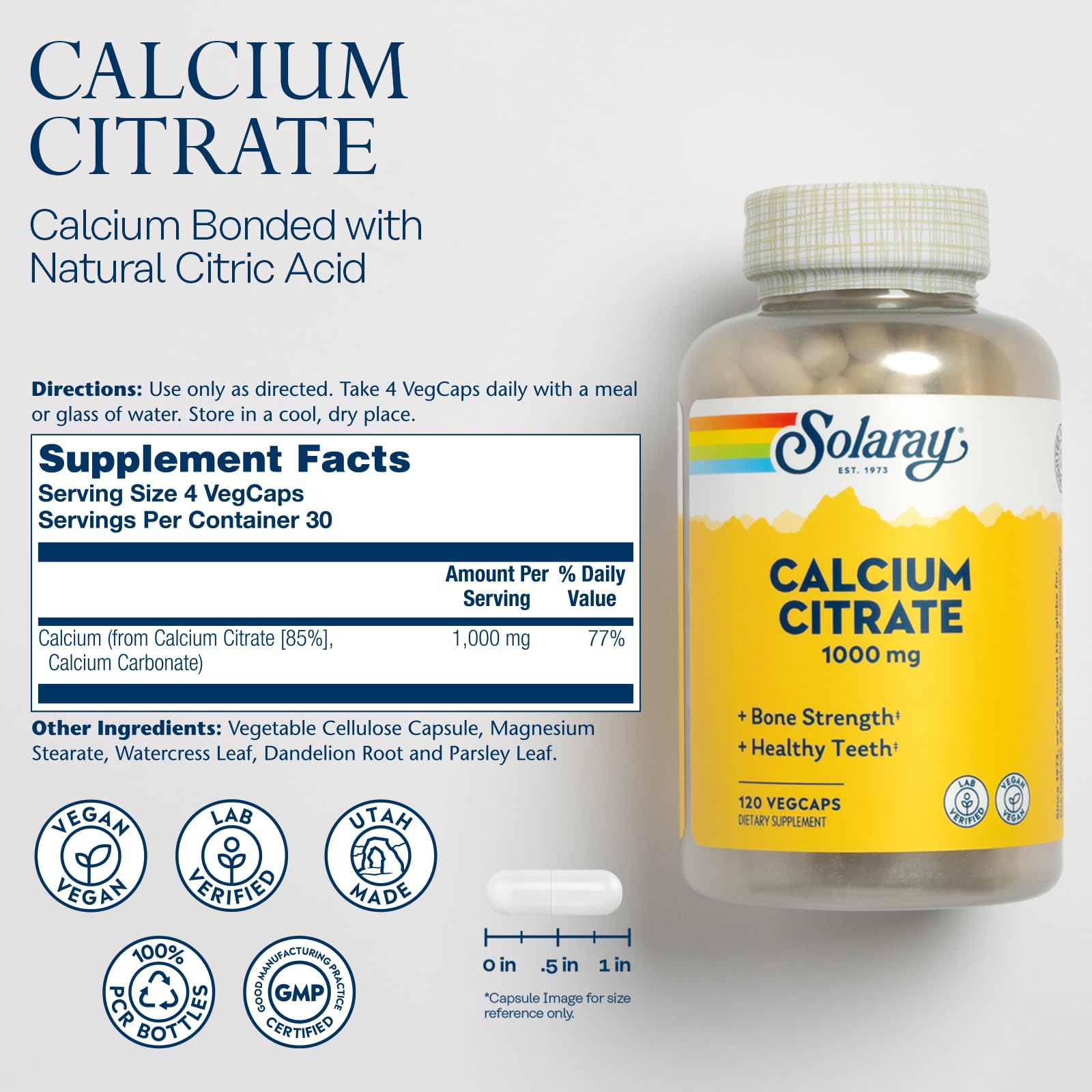 Solaray Calcium Citrate 1000mg - Chelated Calcium Supplement - Supports Bone Strength and Healthy Teeth - Easy to Digest - 60-Day Guarantee, Vegan - 68 Servings, 275 VegCaps Nirvana Guru