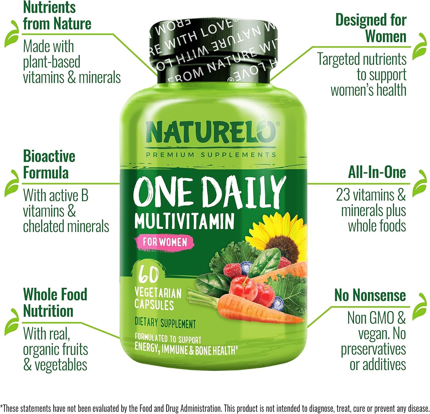 NATURELO One Daily Multivitamin for Women - Energy Support - Whole Food Supplement to Nourish Hair, Skin, Nails - Non-GMO - No Soy - Gluten Free - 120 Capsules - 4 Month Supply - Nirvana Guru