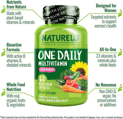 NATURELO One Daily Multivitamin for Women - Energy Support - Whole Food Supplement to Nourish Hair, Skin, Nails - Non-GMO - No Soy - Gluten Free - 120 Capsules - 4 Month Supply - Nirvana Guru