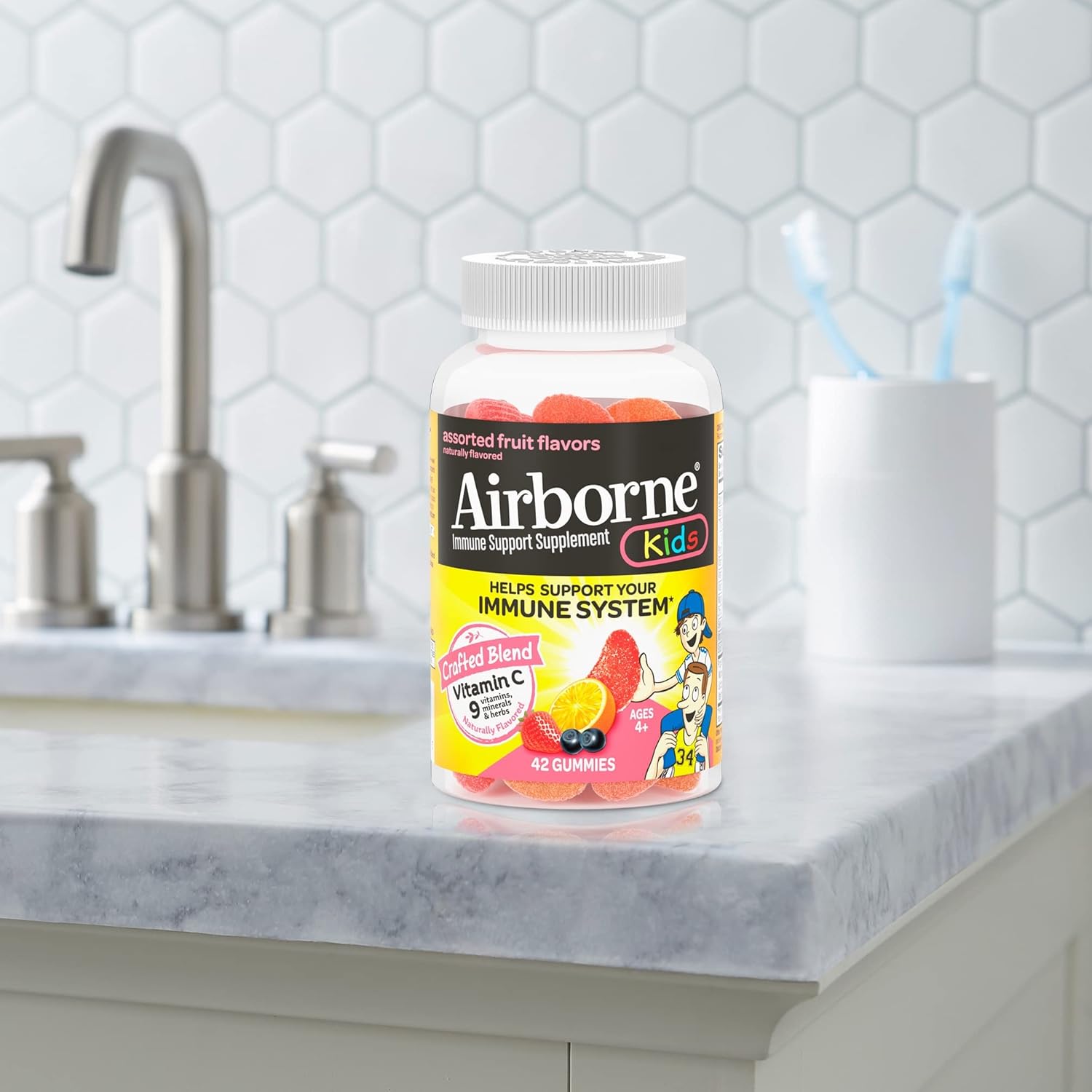 Airborne Vitamin C 500mg (per Serving) Kids Assorted Fruit Flavored Gummies (42 Count in a Bottle), Gluten-Free Immune Support Supplement with Vitamins A C E, Selenium, Echinacea & Ginger Nirvana Guru