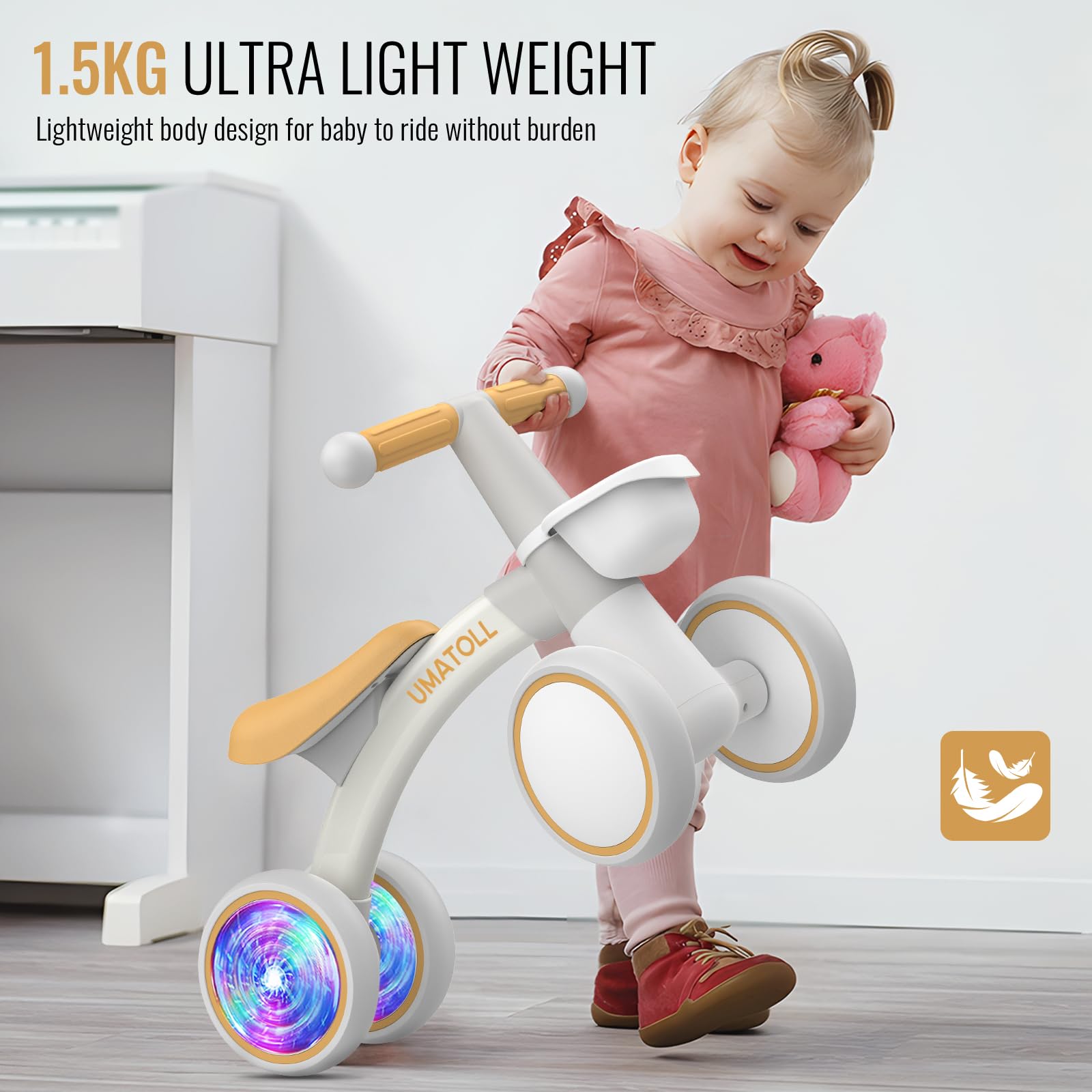 Umatoll Colorful Lighting Baby Balance Bike Toys for 1 Year Old Girls Gifts, Adjustable Seat, 1st Birthday Gifts, 12-24 Months Toddler Bike, Pink Nirvana Guru