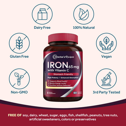 Doctor's Recipes Iron Supplement 65 mg with Vitamin C - Maximized Absorption, Stomach Friendly & High Potency Iron Pills for Red Blood Cells Formation & Immunity Health - Vegan Non-GMO 60 Iron Tablets Nirvana Guru