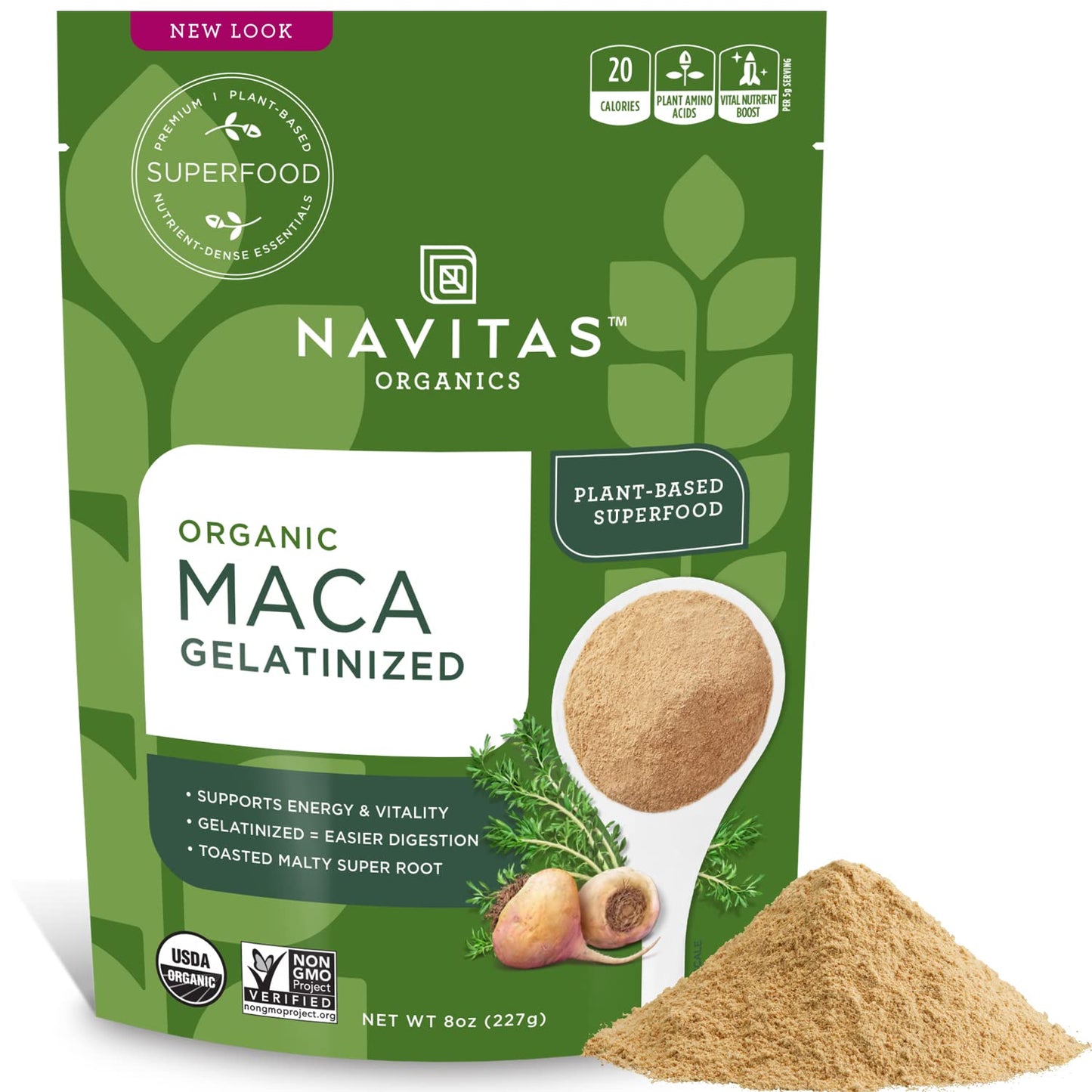 Navitas Organics Maca Powder – 100% Gelatinized Peruvian Maca for Adaptogen Smoothies, Lattes, Baking & More – Energize & Balance - USDA Organic, Non GMO, Vegan, Gluten Free (4oz. Bag, 23 Servings)