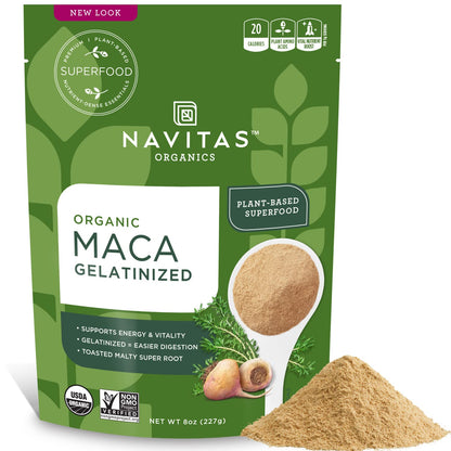 Navitas Organics Maca Powder – 100% Gelatinized Peruvian Maca for Adaptogen Smoothies, Lattes, Baking & More – Energize & Balance - USDA Organic, Non GMO, Vegan, Gluten Free (4oz. Bag, 23 Servings)