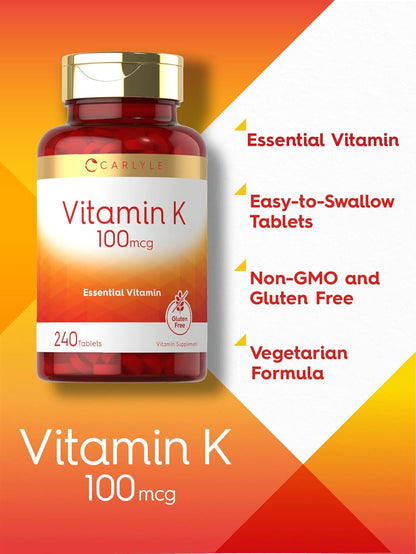 Carlyle Vitamin K 100 mcg | 240 Tablets | Vegetarian, Non-GMO, Gluten Free | Vitamin K Supplement Nirvana Guru
