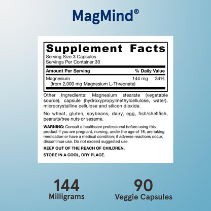 Jarrow Formulas Magnesium L-Threonate, MagMind Magtein Brain Supplements for Memory Support, 90 Veggie Capsules, Up to a 30 Day Supply - Nirvana Guru