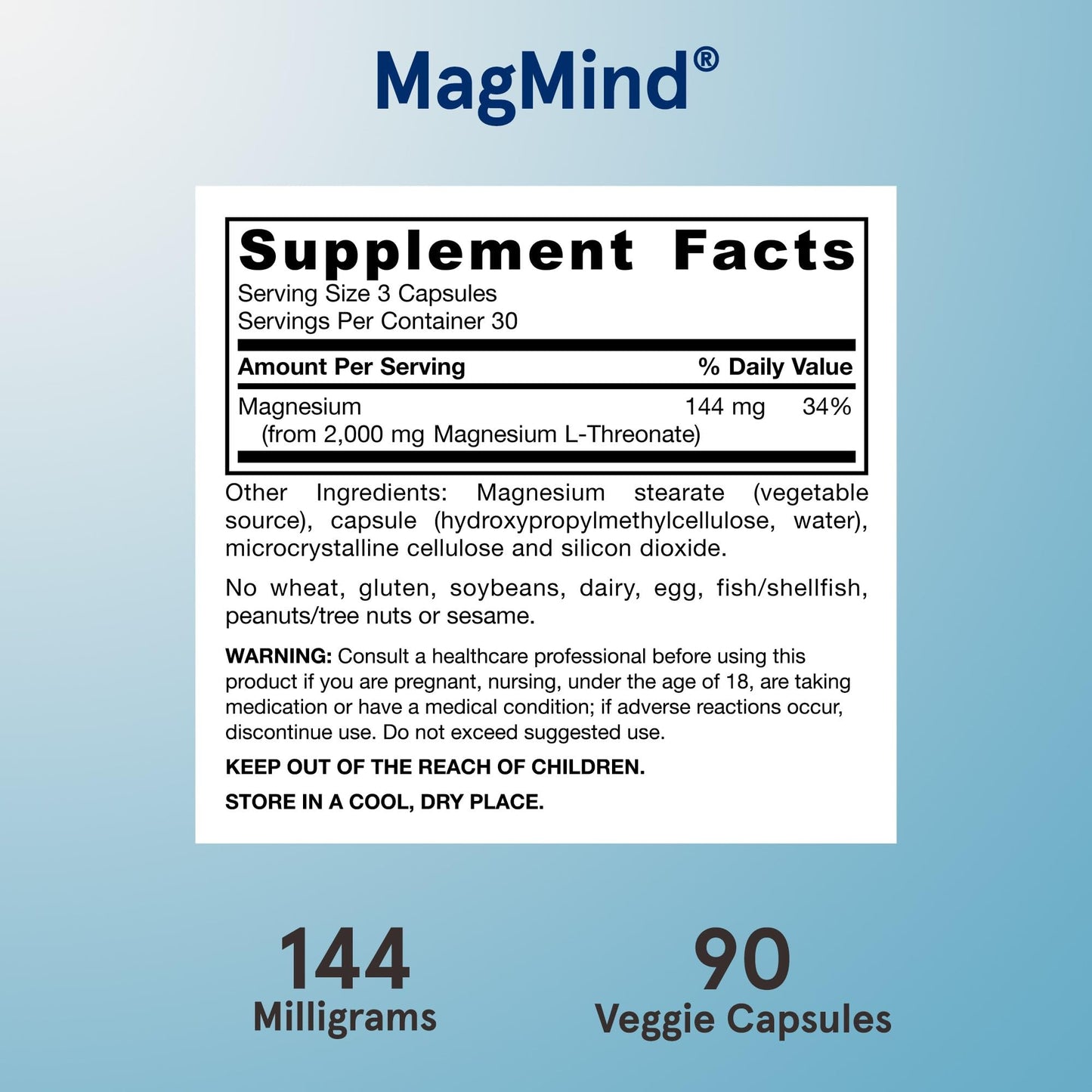 Jarrow Formulas Magnesium L-Threonate, MagMind Magtein Brain Supplements for Memory Support, 90 Veggie Capsules, Up to a 30 Day Supply - Nirvana Guru
