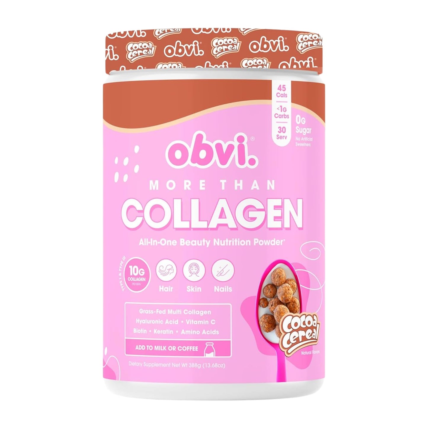 Obvi More Than Collagen Powder | Supports Healthy Hair, Skin, Nails, Joints, Gut | Grass-Fed Multi Collagen Supplement with Hyaluronic Acid, Biotin, Keratin | Cocoa Cereal, 30 Servings - Nirvana Guru