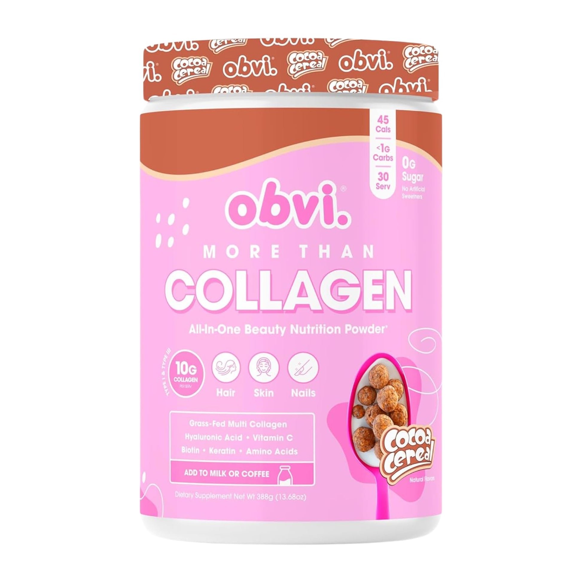 Obvi More Than Collagen Powder | Supports Healthy Hair, Skin, Nails, Joints, Gut | Grass-Fed Multi Collagen Supplement with Hyaluronic Acid, Biotin, Keratin | Cocoa Cereal, 30 Servings - Nirvana Guru