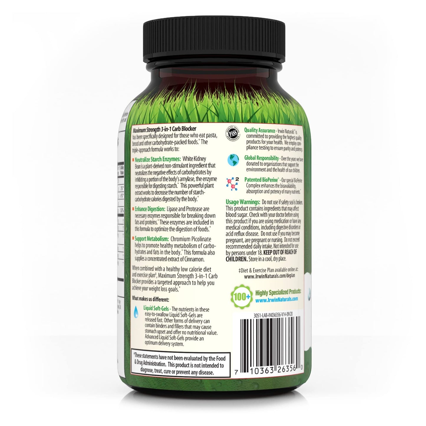 Irwin Naturals Maximum Strength 3-in-1 Carb Blocker - Neutralize Carbohydrates and Support Metabolism - 150 Liquid Softgels - Nirvana Guru