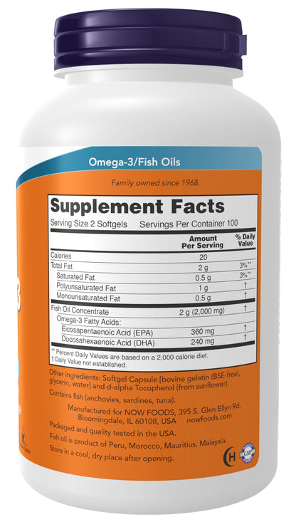 NOW Foods Supplements, Omega-3 180 EPA / 120 DHA, Molecularly Distilled, Cardiovascular Support*, 200 Softgels - Nirvana Guru