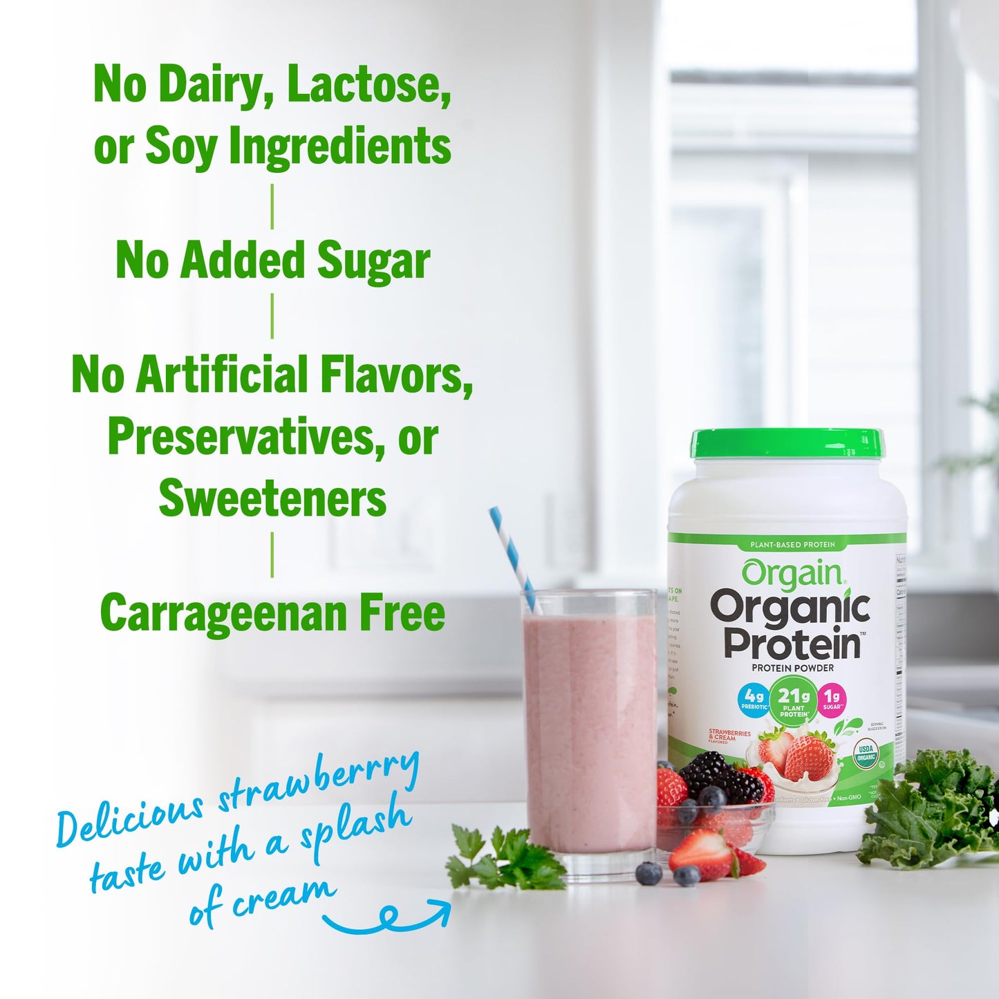 Orgain Organic Vegan Protein Powder, Vanilla Bean - 21g Plant Protein, 4g Prebiotic Fiber, No Lactose Ingredients, No Added Sugar, Non-GMO, For Shakes & Smoothies, 2.03 lb (Packaging May Vary)
