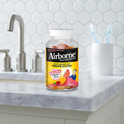 Vitamin C 750mg (per Serving) - Airborne Assorted Fruit Flavored Gummies (63 Count in a Bottle), Gluten-Free Immune Support Supplement with Vitamins A C E, Selenium, Echinacea & Ginger Nirvana Guru