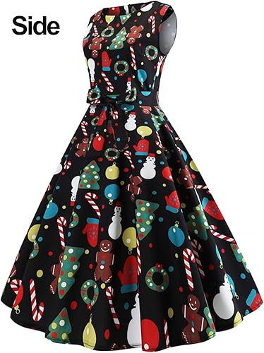 Christmas Dresses for Women Vintage Sleeveless Cocktail Dress Christmas Tree Santa Snow Printed Xmas Party Swing Dress nirvanaguru