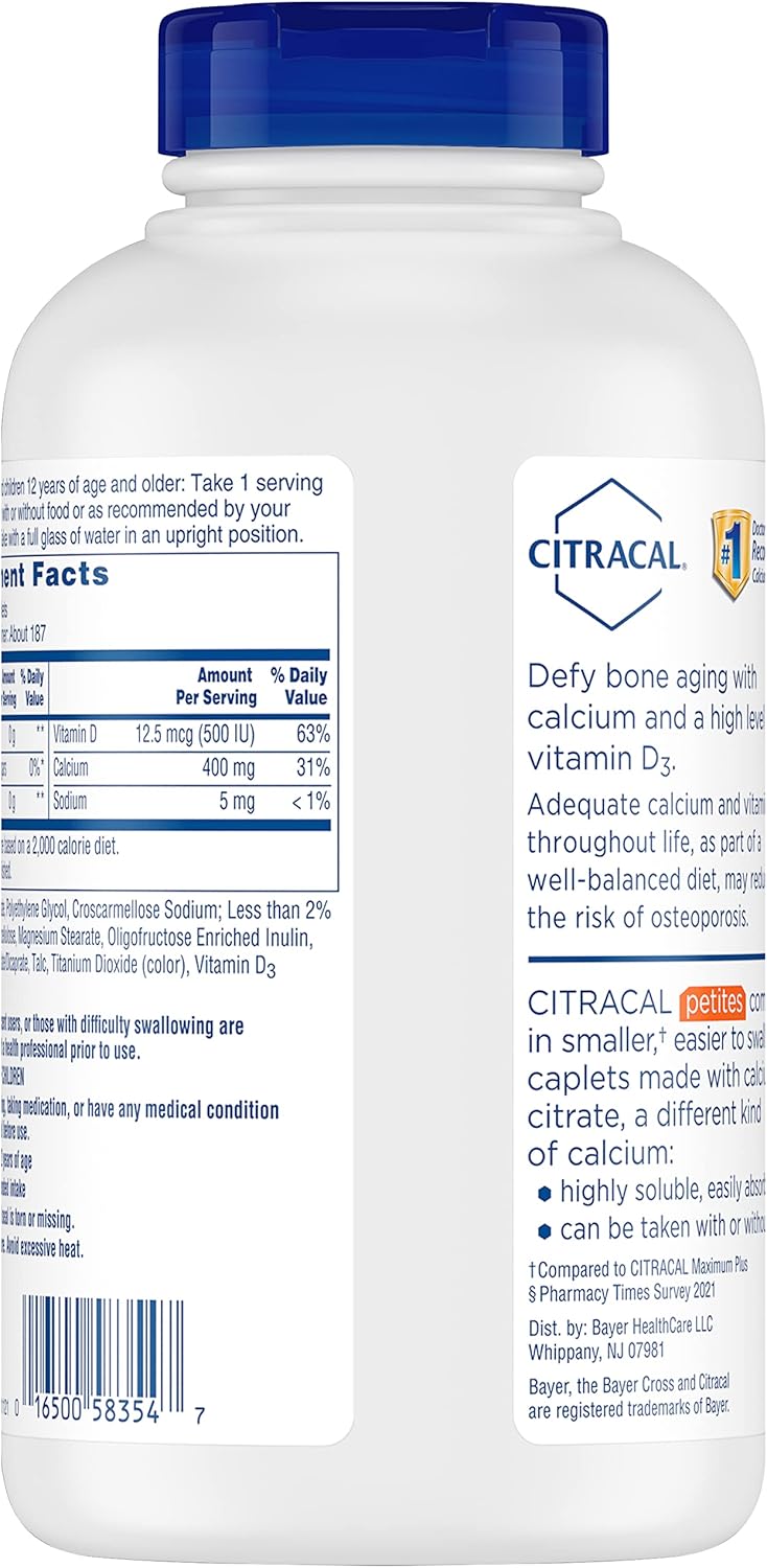 Citracal Petites, 400 mg Calcium Citrate, Easily Absorbed and Highly Soluble with 12.5 mcg (500 IU) Vitamin D3, Bone Health Support for Ages 12+, Smaller and Easier to Swallow Caplets, 375 Count Nirvana Guru