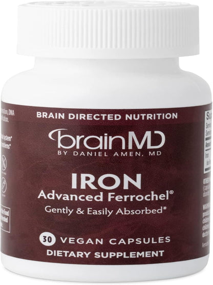 BRAINMD Dr Amen Iron - 30 Capsules - Supports Energy Production, Cognitive Function & Gene Regulation - Gentle & Easily Absorbed - Gluten Free - 30 Servings Nirvana Guru