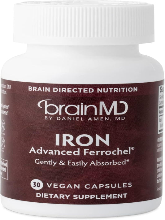 BRAINMD Dr Amen Iron - 30 Capsules - Supports Energy Production, Cognitive Function & Gene Regulation - Gentle & Easily Absorbed - Gluten Free - 30 Servings Nirvana Guru