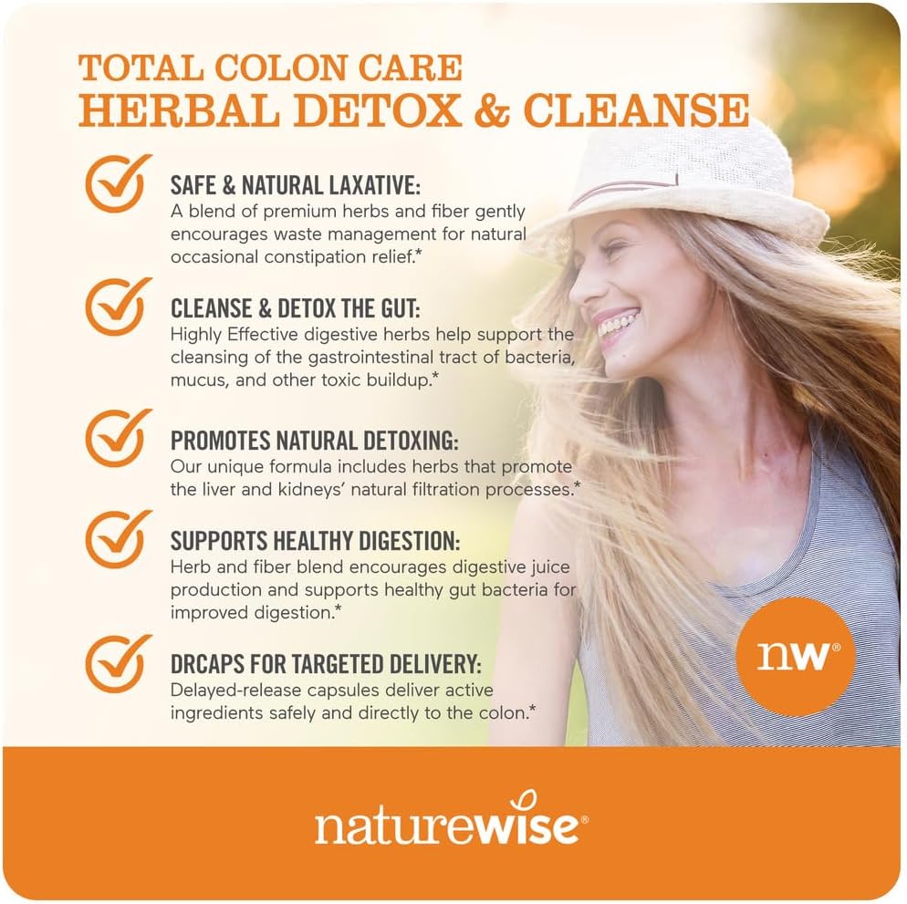Naturewise Total Colon Care Herbal Cleanse - With Prebiotics, Botanicals, & Antioxidants - for Regular Bowel Movement, Digestion, Gut Health - Vegan, Gluten-Free, Non-GMO - 60 Capsules[2-Month Supply] - Nirvana Guru