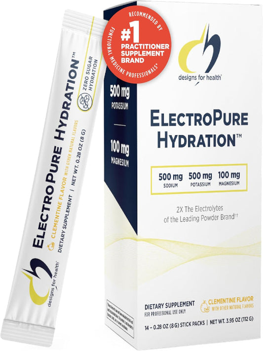 Designs for Health ElectroPure Hydration Packets - Clementine-Flavored Electrolytes Powder, No Sugar - Drink Mix Packets with Vitamin C, Magnesium + Zinc - Hydrate + Replenish (14 Stick Packets) Nirvana Guru