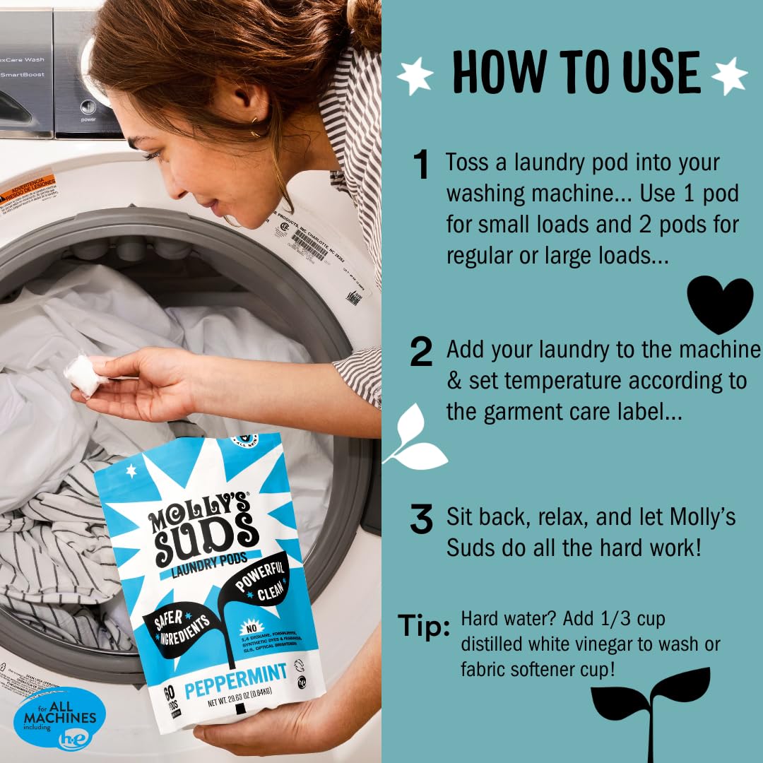 Molly's Suds Laundry Detergent Pods | Clean Detergent for Sensitive Skin | Ultra Concentrated and Stain Fighting | Peppermint - 120 Count (Value Pack) Nirvana Guru