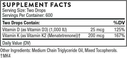 THORNE Vitamin D + K2 Liquid with a metered Dispenser - Vitamins D3 and K2 to Support Healthy Bones and Muscles* - 1 Fl Oz (30 ml) - 600 Servings - Nirvana Guru