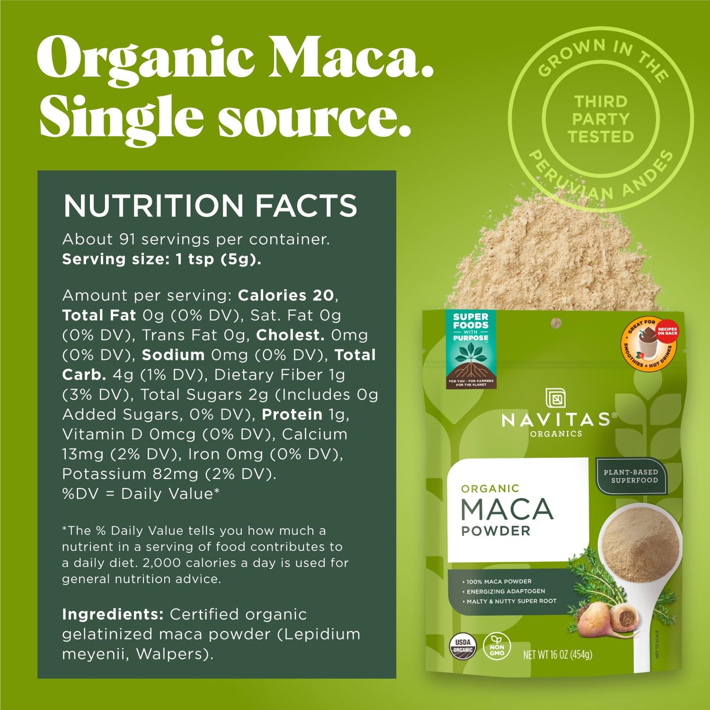 Navitas Organics Maca Powder – 100% Gelatinized Peruvian Maca for Adaptogen Smoothies, Lattes, Baking & More – Energize & Balance - USDA Organic, Non GMO, Vegan, Gluten Free (4oz. Bag, 23 Servings)