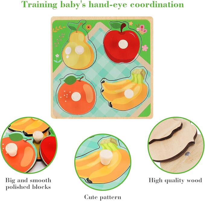 Wooden Peg Puzzles for Toddlers 1-3, Kids' Educational Preschool Peg Puzzle Toy, Set of 4 Toddler Puzzles - Farm, Dinosaur, Fruit and Marine Animals, Ideal Gift for Ages 1 2 3 Boys and Girls nirvanaguru