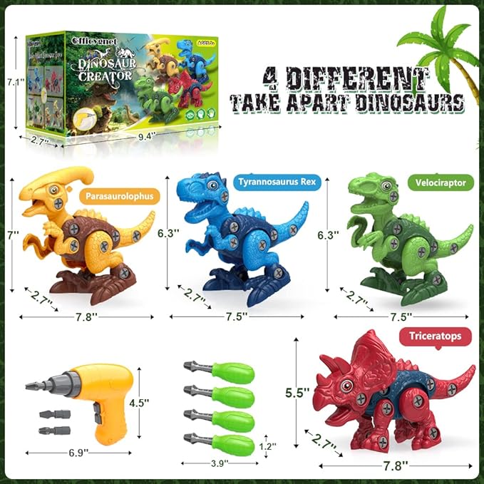 Dinosaur Toys for 3, 4, 5, 6, 7 Year Old Boys, Take Apart Toys with Electric Drill for Kids, STEM Educational Construction Building Toy, Ideal Birthday Christmas Easter Gifts, Incl Tyrannosaurus Rex nirvanaguru
