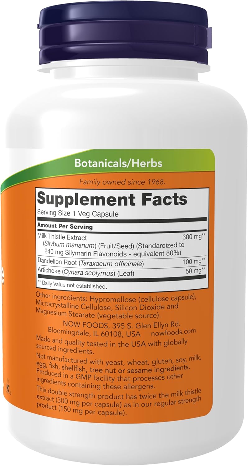 NOW Foods Supplements, Silymarin Milk Thistle Extract 300 mg with Artichoke and Dandelion, Double Strength, Supports Liver Function*, 200 Veg Capsules - Nirvana Guru