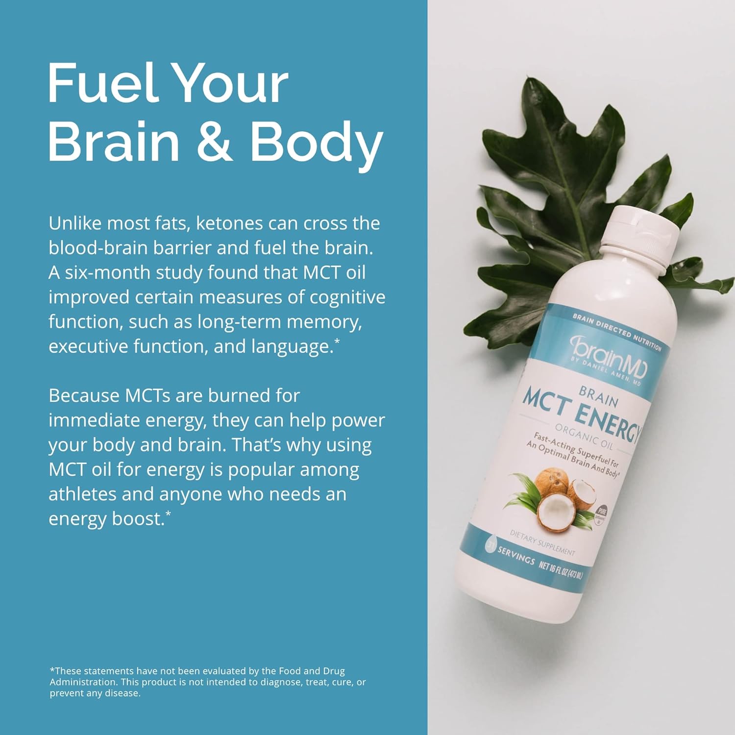 Dr Amen BrainMD Brain MCT Energy - 16 fl oz - Energy Support for Brain & Body - Improves Focus & Satiety - Clean & Fast Acting - Gluten Free - 31 Servings Nirvana Guru