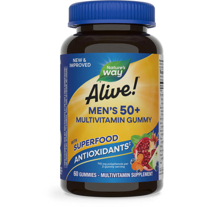 Nature's Way Alive! Men’s 50+ Daily Gummy Multivitamins, Supports Healthy Brain, Eyes, Heart*, B-Vitamins, Gluten-Free, Vegetarian, Fruit Flavored, 60 Gummies (Packaging May Vary) - Nirvana Guru