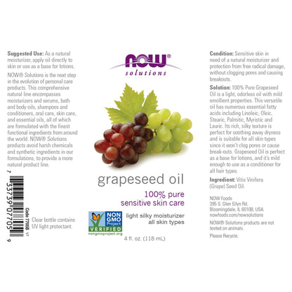 NOW Foods Solutions, Grapeseed Oil, Skin Care for Sensitive Skin, Light Silky Moisturizer for All Skin Types, 16-Ounce - Nirvana Guru