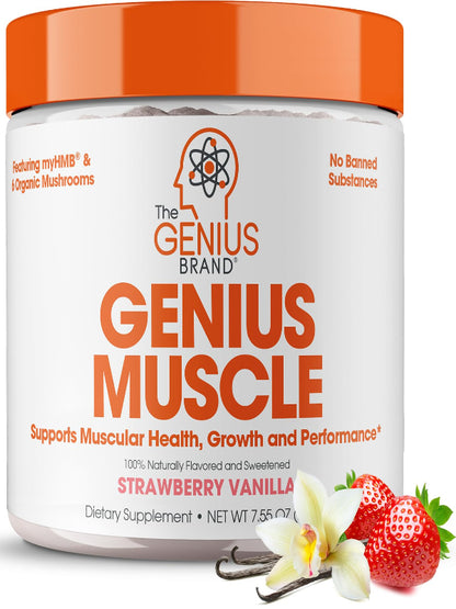 The Genius Brand Genius Muscle - Muscle Health Supplement for Growth, Endurance & Recovery - Non-Hormonal Formula - 6 Organic Mushrooms - Naturally-Sweetened - 30 Servings - Strawberry Vanilla Nirvana Guru