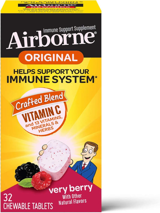 Airborne 1000mg Vitamin C + Zinc Immune Support Supplement Chewable Tablets, Very Berry Flavor with Powerful Antioxidants Vitamins A C & E, 32 Chewable Tablets (2 Pack) Nirvana Guru