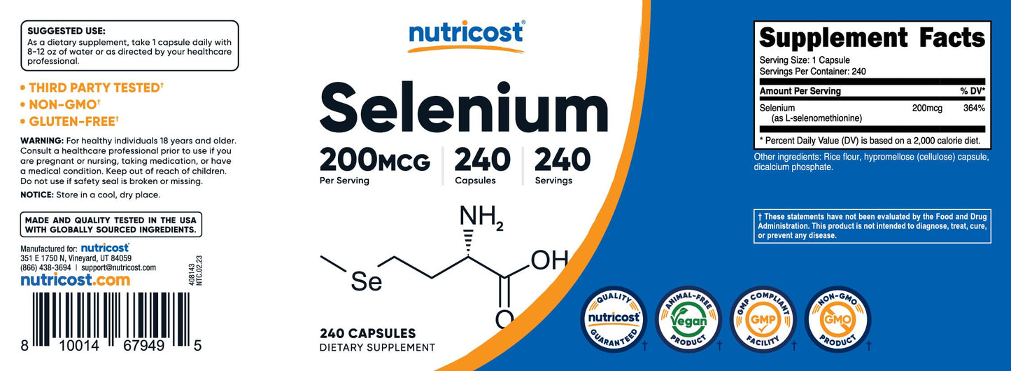 Nutricost Selenium 200mcg, 240 Vegetarian Capsules, Non-GMO, Gluten Free L-Selenomethionine Nirvana Guru