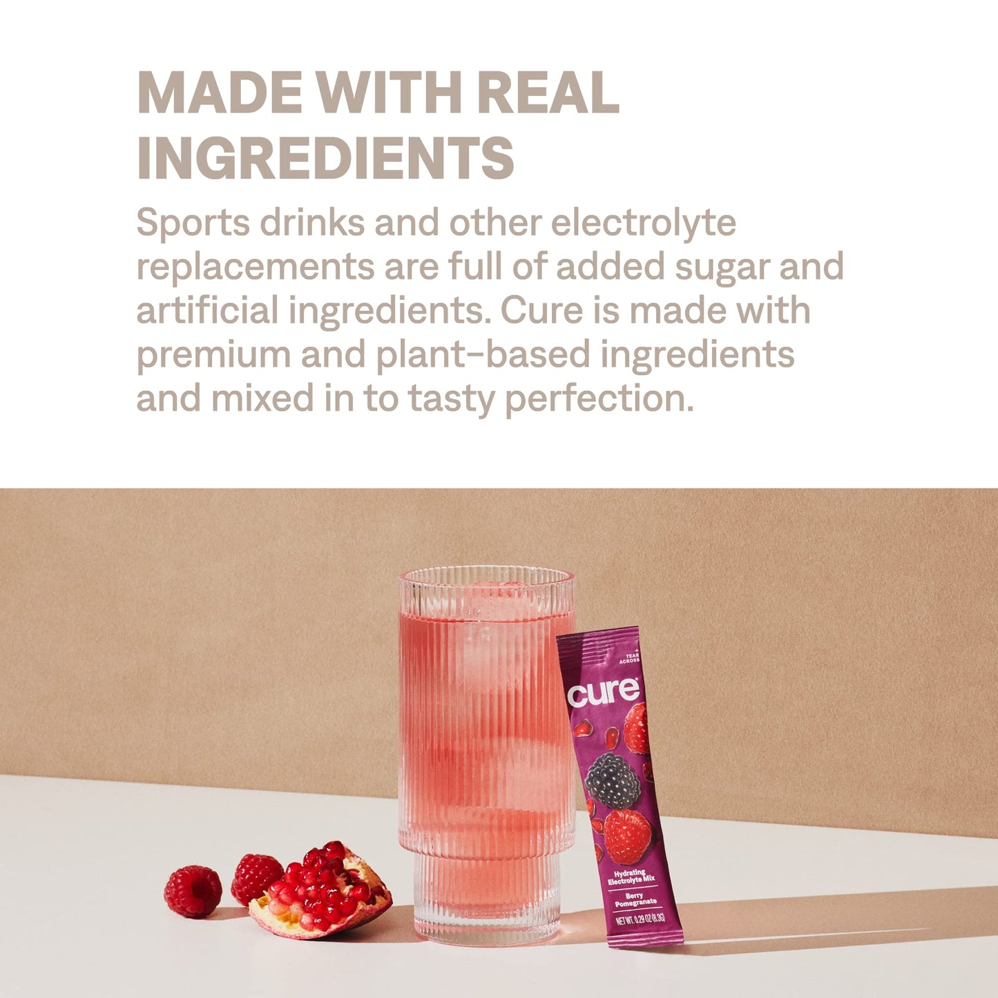 Cure Hydration | Plant-Based Electrolyte Drink Mix | No Added Sugar | FSA & HSA | Dehydration Relief Powder Made with Coconut Water | Non-GMO | Vegan | Pouch of 14 Packets - Berry Pomegranate
