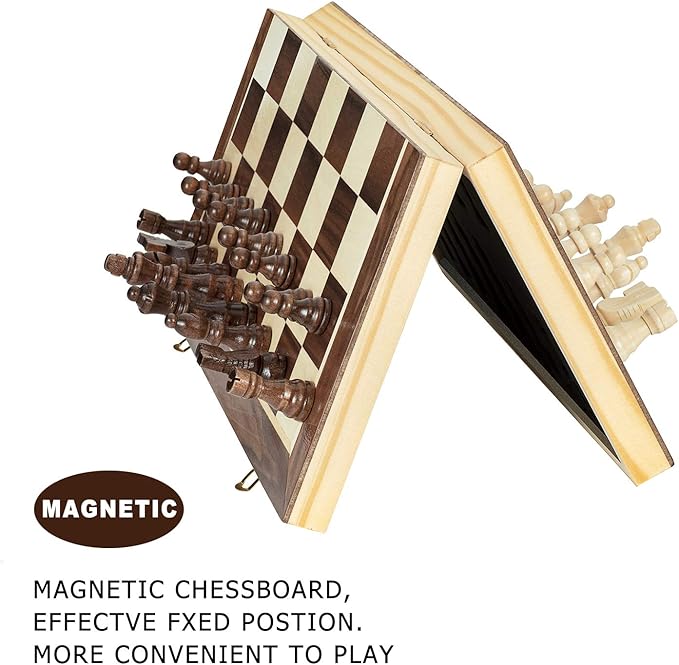 AMEROUS 15 Inches Magnetic Wooden Chess Set - 2 Extra Queens - Folding Board - Pieces Storage Slots, Handmade Portable Travel Chess Game - Beginner Chess Set for Kids, 6 up Age Nirvana Guru