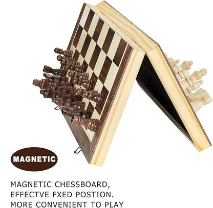 AMEROUS 15 Inches Magnetic Wooden Chess Set - 2 Extra Queens - Folding Board - Pieces Storage Slots, Handmade Portable Travel Chess Game - Beginner Chess Set for Kids, 6 up Age Nirvana Guru