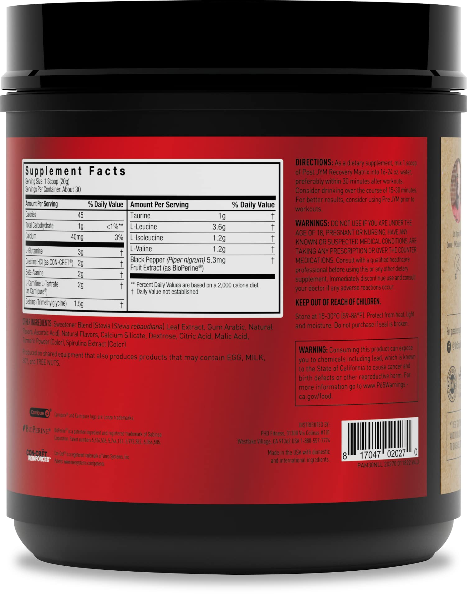 JYM Supplement Science Post JYM Active Matrix Mandarin Orange Amino Recovery Powder Pure Creatine HCL, BCAA’s, Glutamine, Carnitine, Betaine, Taurine for Strength, Repair, Performance 30 Servings Nirvana Guru
