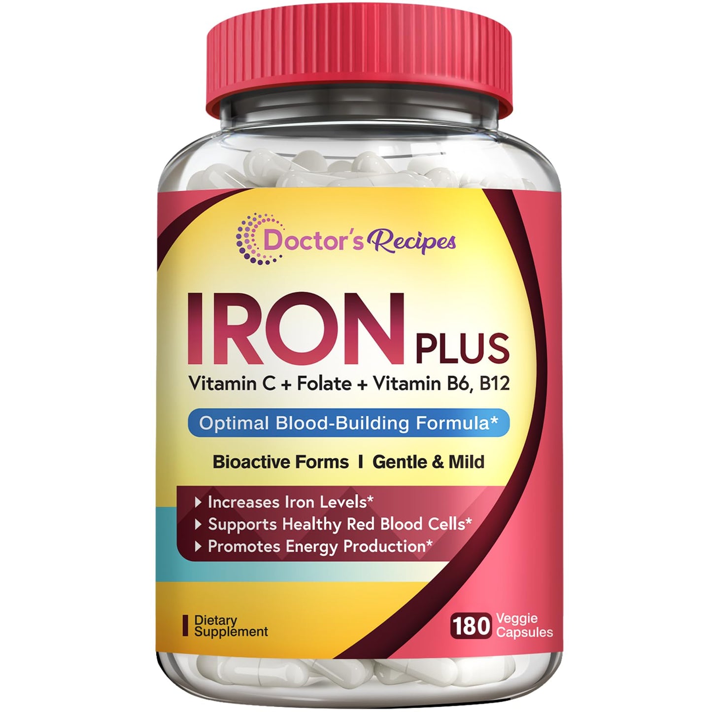 Doctor's Recipes Iron Supplement 65 mg with Vitamin C - Maximized Absorption, Stomach Friendly & High Potency Iron Pills for Red Blood Cells Formation & Immunity Health - Vegan Non-GMO 60 Iron Tablets Nirvana Guru