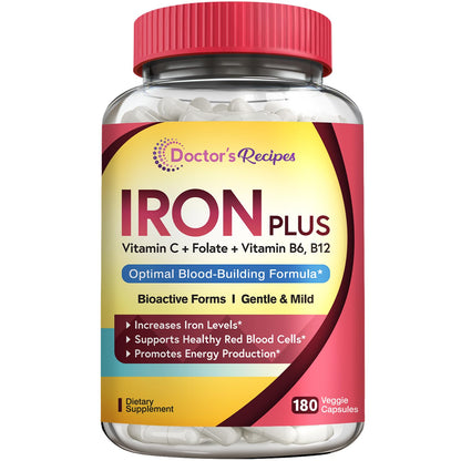 Doctor's Recipes Iron Supplement 65 mg with Vitamin C - Maximized Absorption, Stomach Friendly & High Potency Iron Pills for Red Blood Cells Formation & Immunity Health - Vegan Non-GMO 60 Iron Tablets Nirvana Guru