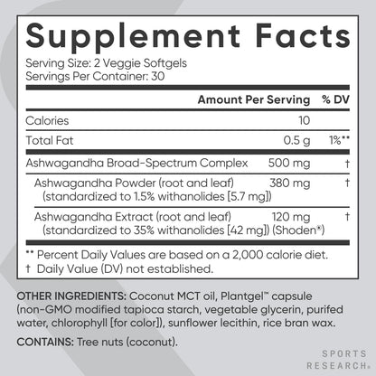 Sports Research® Ashwagandha Softgels with Coconut MCT Oil - Natural Adaptogen Made with Shoden® Ashwa for Relaxation, Calm & Sleep Support - Gluten Free & Vegan Friendly - 60 Count - Nirvana Guru