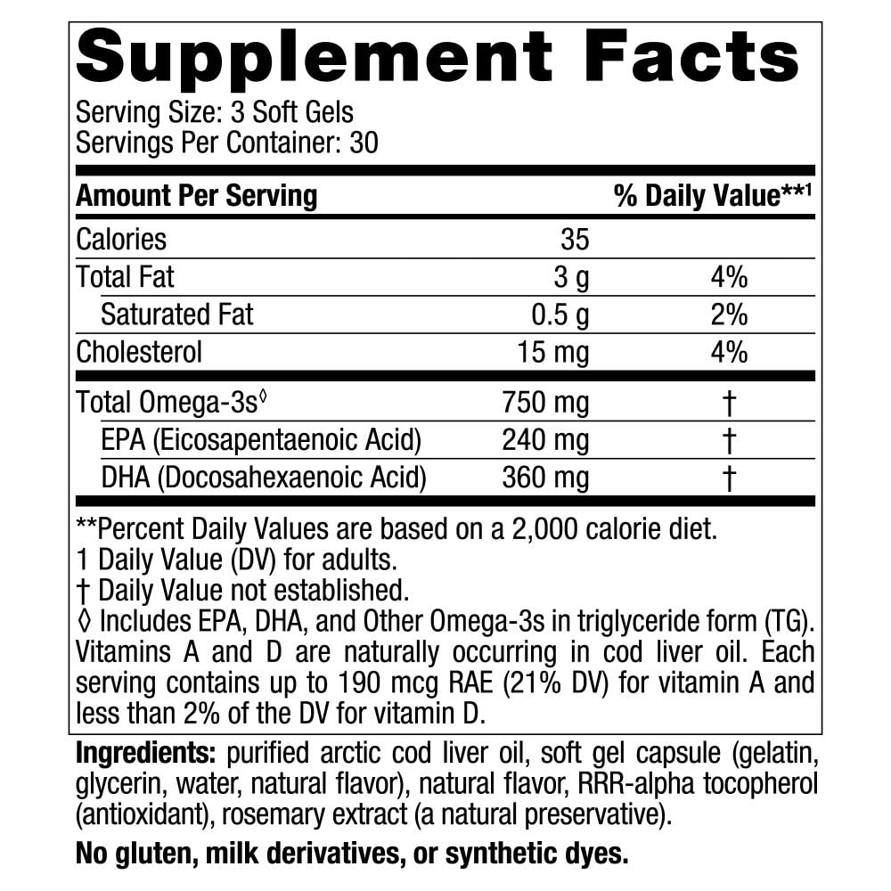 Nordic Naturals Arctic Cod Liver Oil, Lemon - 180 Soft Gels - 750 mg Total Omega-3s with EPA & DHA - Heart & Brain Health, Healthy Immunity, Overall Wellness - Non-GMO - 60 Servings - Nirvana Guru