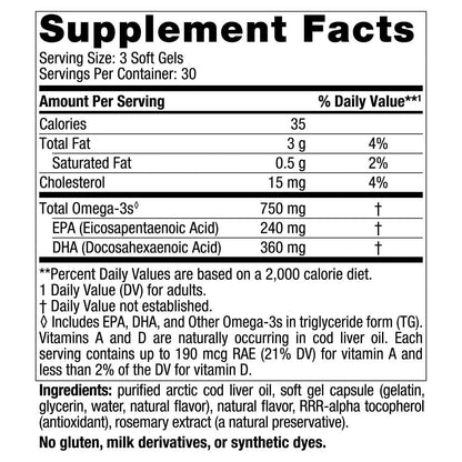 Nordic Naturals Arctic Cod Liver Oil, Lemon - 180 Soft Gels - 750 mg Total Omega-3s with EPA & DHA - Heart & Brain Health, Healthy Immunity, Overall Wellness - Non-GMO - 60 Servings - Nirvana Guru